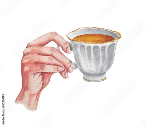 Watercolor woman's hand holding a white ceramic cup of tea on white background. Hand drawn watercolor teatime illustration.