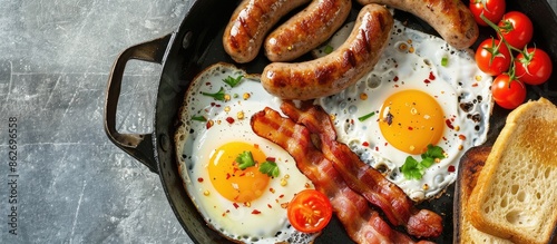 A classic English breakfast featuring a fried egg, bacon, sausage, and toast prepared in a pan with ample copy space image.