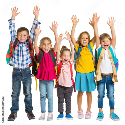 A group of happy school children with backpacks standing and holding their hands up © Mad Craft