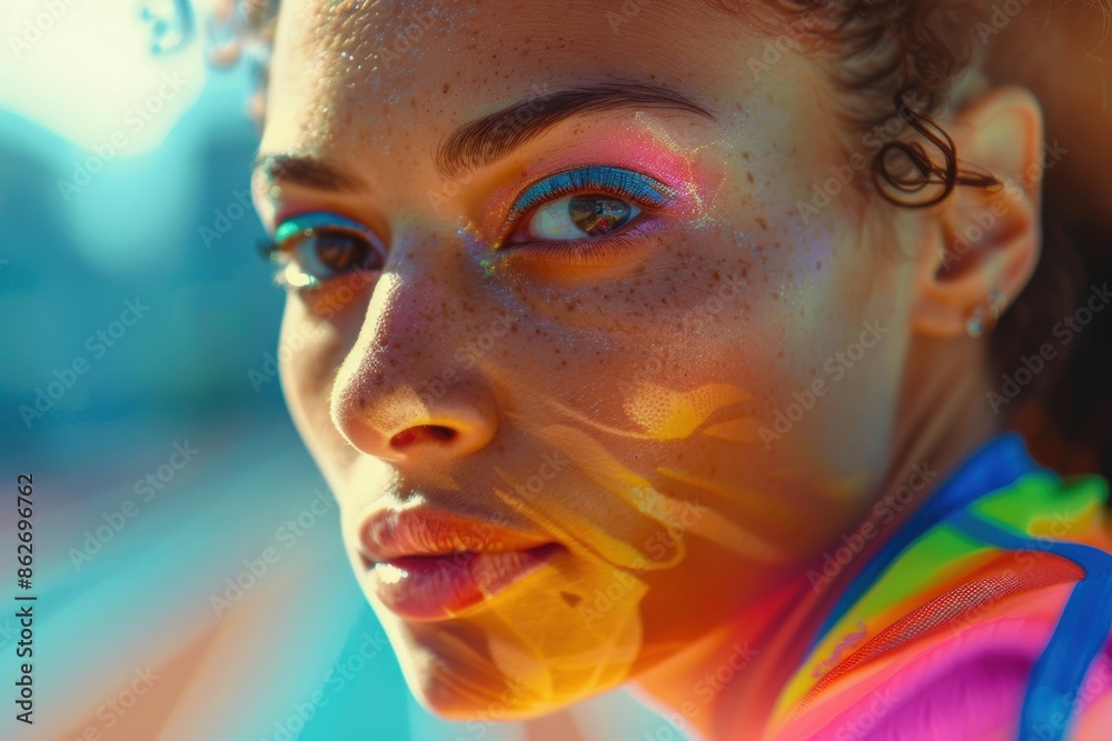 close-up of a African athlete female mid-sprint, using camera with macro lens to emphasize her determination during outdoor training, with the background blurred. close-up of a African athlete female mid-sprint, using camera with macro lens to emphasize her determination during outdoor training, with the background blurred.