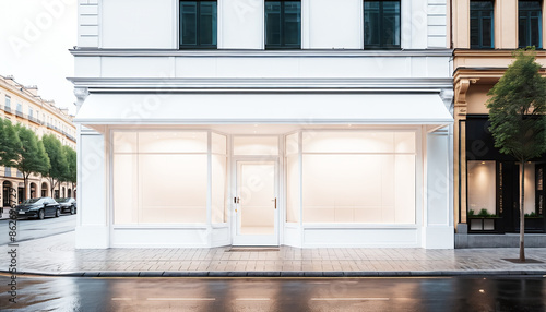 Frontal top view of the front of a modern and bright store in a shopping street of a city