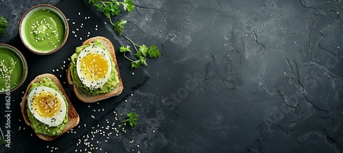 Avocado Toast and Green Smoothie on Black Background: A trendy top-down setup featuring avocado toast garnished photo