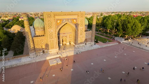 Aerial view of the Sher-Dor-Madrasa on Registan Square in Samarkand, Uzbekistan