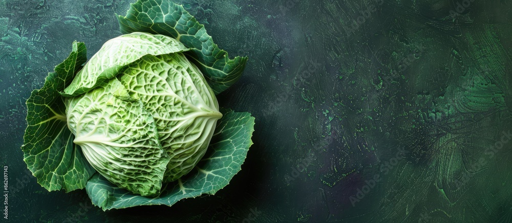 Fototapeta premium Top view of fresh white cabbage on a green background, suitable for dietary and vegetarian meals, featuring copy space image.