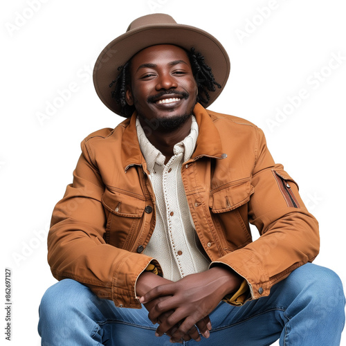 A happy black man wearing a brown jacket and hat isolated on a transparent background