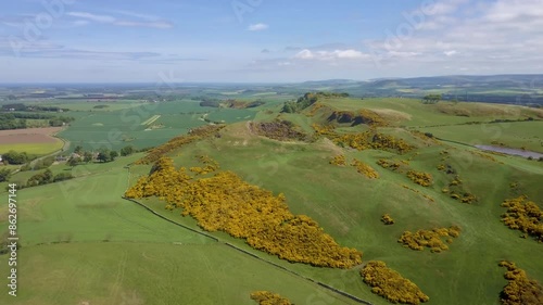 Aerial view of abandoned mine in green hills and grassland, Haddington, Scotland, United Kingdom. photo