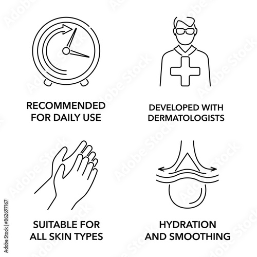 Daily use, All skin types, Dermatologists, Hydration and smoothing - icons
