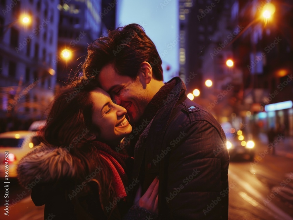 A couple is hugging in the street at night. The man is wearing a black jacket and the woman is wearing a red scarf. Scene is romantic and intimate A couple is hugging in the street at night. The man is wearing a black jacket and the woman is wearing a red scarf. Scene is romantic and intimate