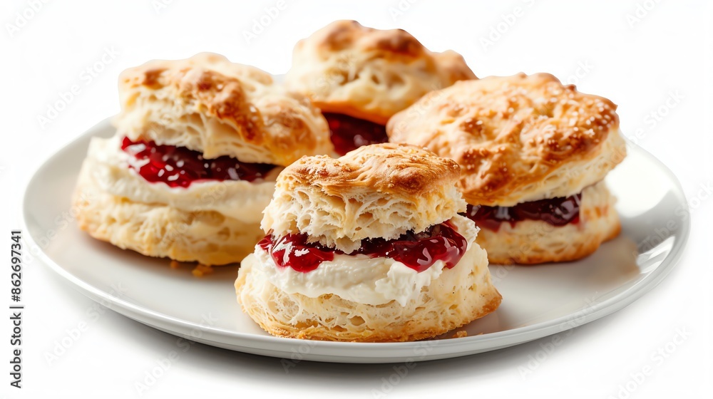 Scones with clotted cream and jam, traditional and buttery, perfectly centered and isolated, provided for tea time treats or bakery selections Scones with clotted cream and jam, traditional and buttery, perfectly centered and isolated, provided for tea time treats or bakery selections