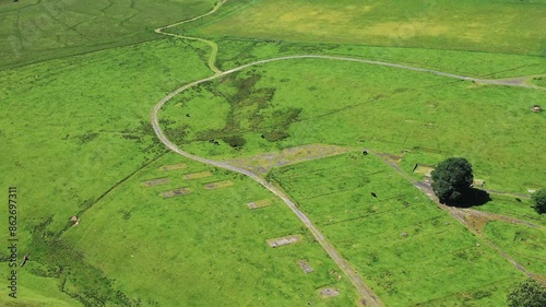 Aerial view of lush green fields, vibrant meadow, and serene countryside, Stobs Camp, Hawick, Scotland, United Kingdom. photo