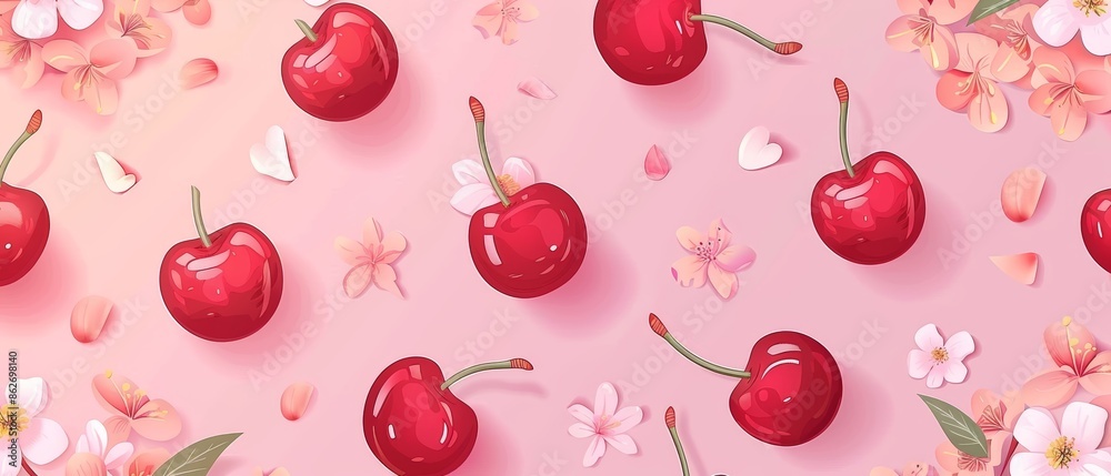 Pink background with red cherries and white flowers. Pink background with red cherries and white flowers.