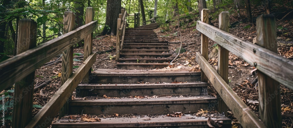 Antiquated wooden staircase in a forest setting, with ample copy space image. Antiquated wooden staircase in a forest setting, with ample copy space image.