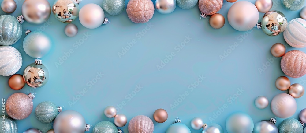 Minimal Christmas party and New Year concept with a frame of colorful Christmas balls on a soft pastel blue backdrop. Top view with flat lay showcasing a copy space image. Minimal Christmas party and New Year concept with a frame of colorful Christmas balls on a soft pastel blue backdrop. Top view with flat lay showcasing a copy space image.