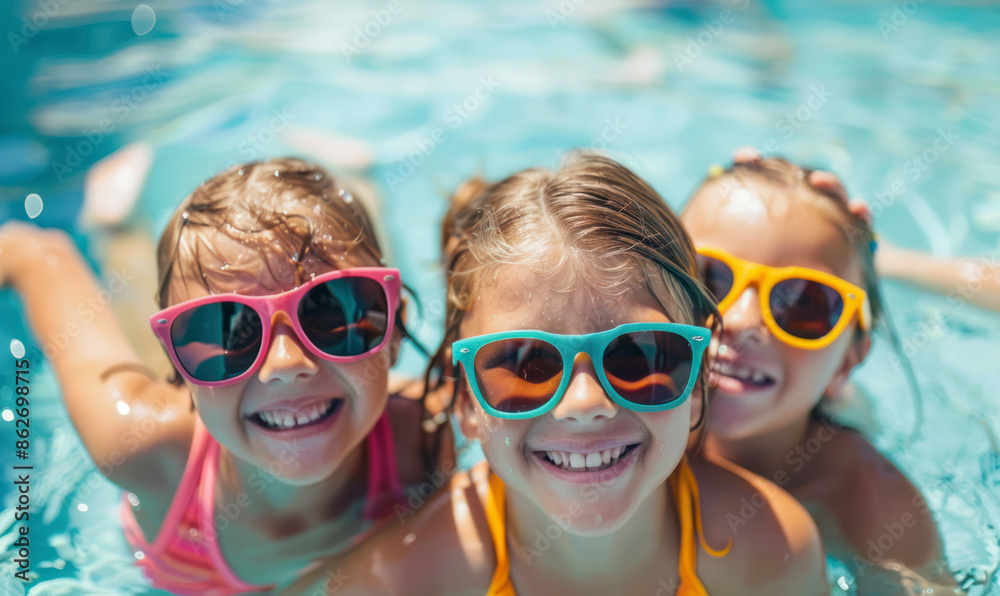 Three smiling kids with colorful sunglasses in a pool. Three smiling kids with colorful sunglasses in a pool.
