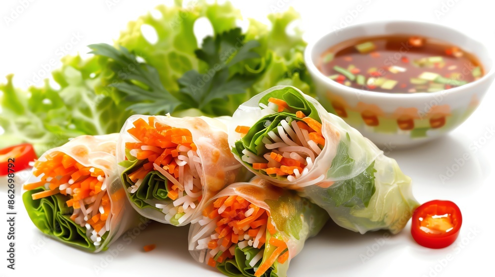 Veggie spring rolls with dipping sauce, colorful and crunchy, perfectly isolated and offered as a PNG, suitable for vegan or vegetarian food advertising Veggie spring rolls with dipping sauce, colorful and crunchy, perfectly isolated and offered as a PNG, suitable for vegan or vegetarian food advertising
