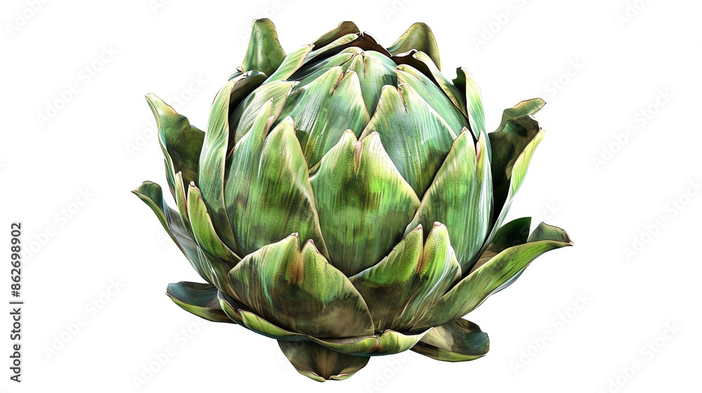 Fototapeta premium Whole artichoke, green and globe shaped, vibrant and detailed, perfectly isolated and offered as a PNG, suitable for specialty vegetable themes or cooking shows