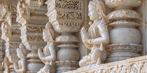 Ornate White Marble Sculptures of Deities at a Hindu Temple