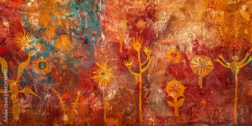 Ancient Rock Art Depicting Figures and Plants in a Cave in Australia