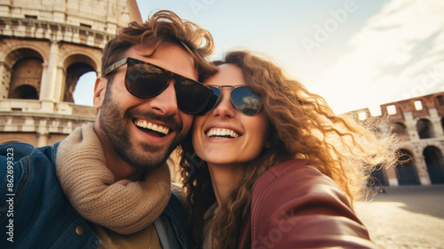 Couple selfie with the Colosseum in the background.