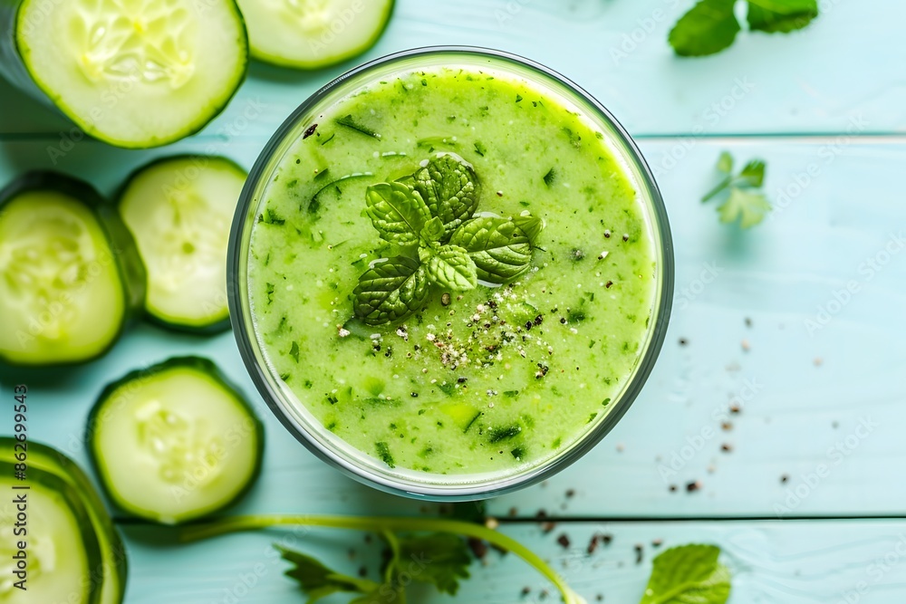 Obraz premium Cucumber smoothie in a glass cup on a wooden table. View from above.