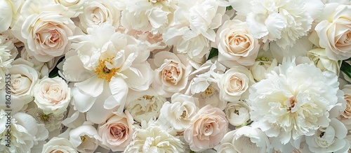 Blooming white peonies and roses in a garden with floral wallpaper. Modern color scheme symbolizing love. Ideal for a card or text with ample copy space image.