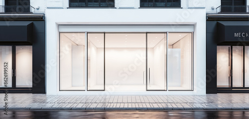 Frontal top view of the front of a modern and bright store in a shopping street of a city