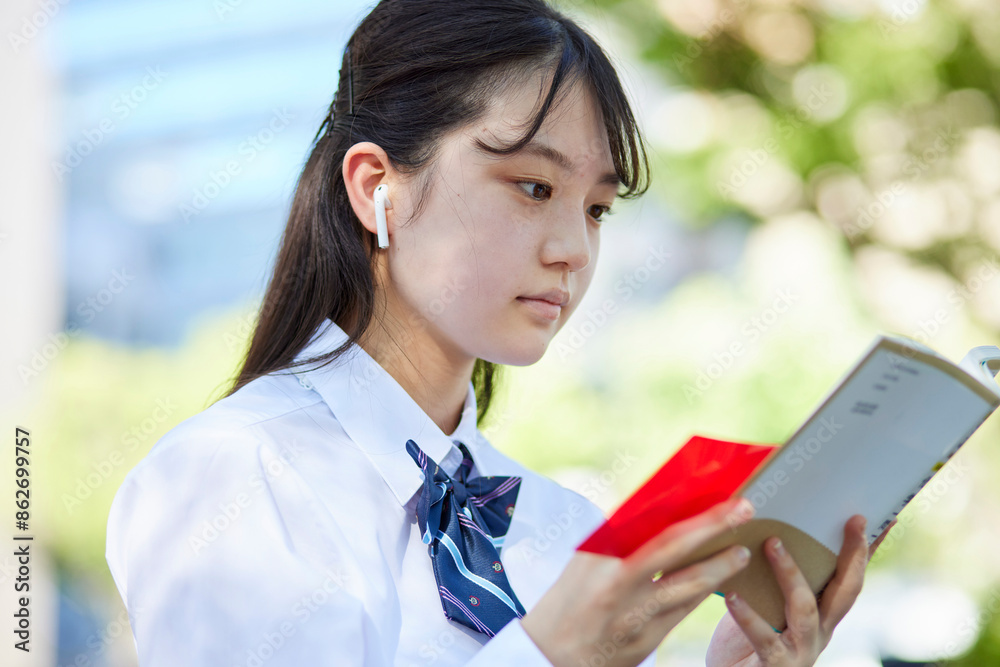 Fototapeta premium 屋外で参考書で勉強をする女子高校生