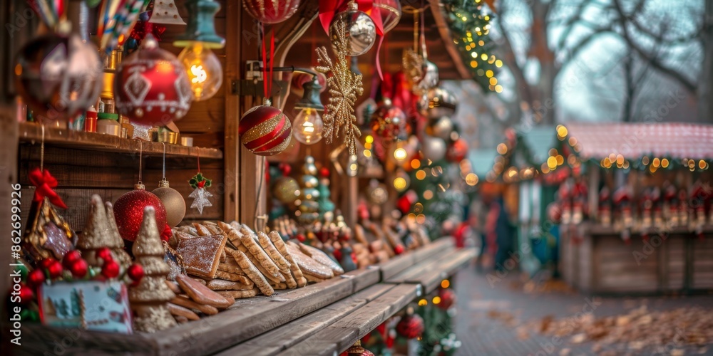 Naklejka premium Christmas Market Stall Displaying Ornaments and Treats