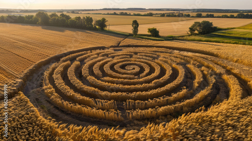 Aerial view of an intricate geometric crop circle formation in a wheat field