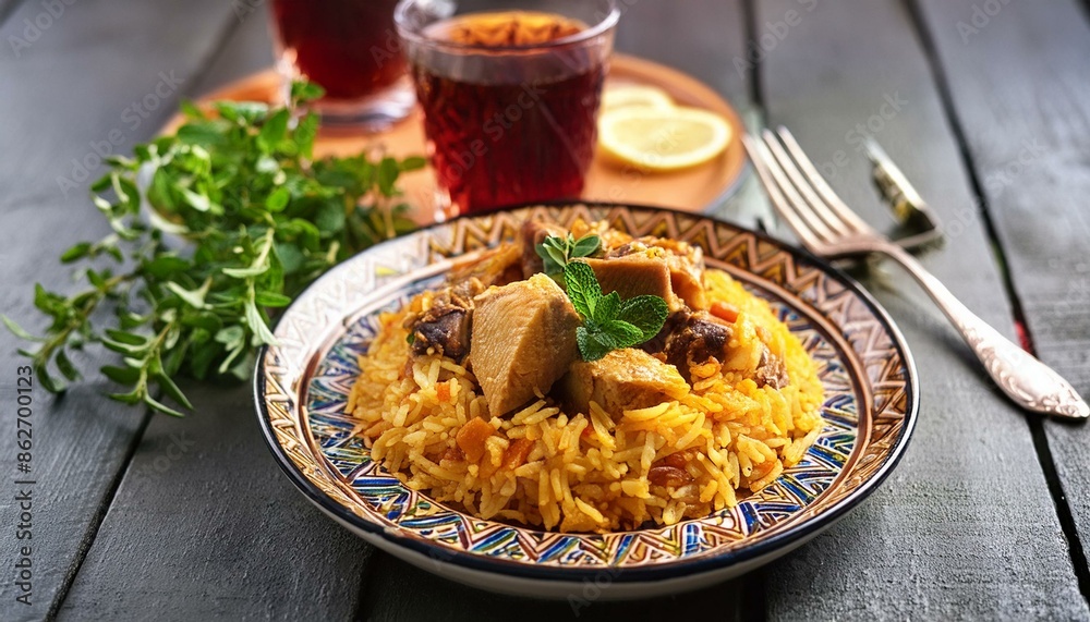 A plate of Mauritanian Thieboudienne, a traditional rice dish with fish and vegetables, served on a colorful plate A plate of Mauritanian Thieboudienne, a traditional rice dish with fish and vegetables, served on a colorful plate