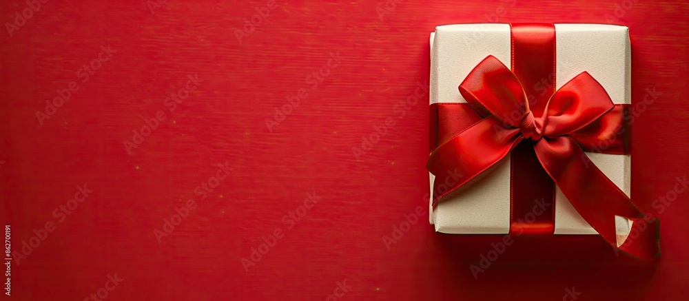 A gorgeous white gift box topped with a vibrant red ribbon placed on a red backdrop. Ideal present for New Year, Christmas, birthday. Top-down view with space for text or image. Copy space image A gorgeous white gift box topped with a vibrant red ribbon placed on a red backdrop. Ideal present for New Year, Christmas, birthday. Top-down view with space for text or image. Copy space image