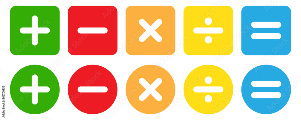 Math symbols maths icon set. Mathematic symbols minus plus equal vector illustration.