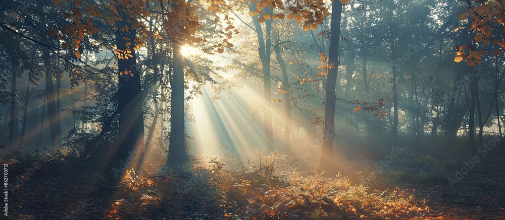 Naklejka premium Afternoon sunbeams shining through trees, creating autumn vibes in a captivating copy space image.
