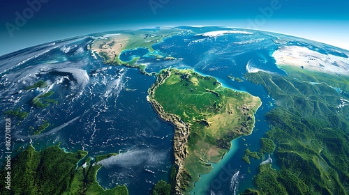 High resolution satellite view of Planet Earth, focused on South America, Amazon Rainforest, Andes Cordillera