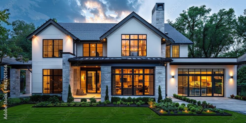 Modern Home with Large Windows at Dusk