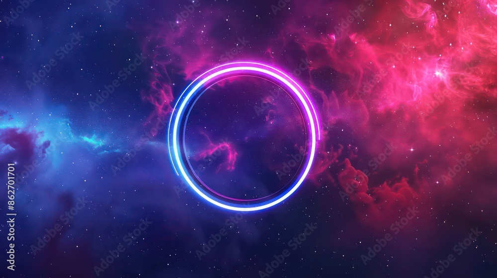 Glowing neon ring moves in a loop on dark galaxy background Abstract neon light circles Laser show in virtual reality outer space with star panorama Copy space image. Generative AI