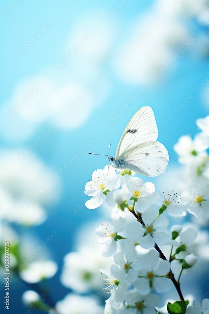 A white butterfly is perched on a flower. Concept of tranquility and beauty, as the butterfly is surrounded by delicate white flowers. The blue sky in the background adds to the serene atmosphere A white butterfly is perched on a flower. Concept of tranquility and beauty, as the butterfly is surrounded by delicate white flowers. The blue sky in the background adds to the serene atmosphere