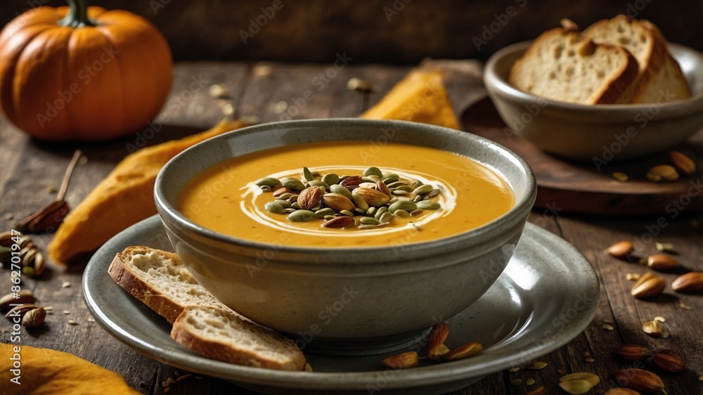 A bowl of creamy pumpkin soup garnished with toasted pumpkin seeds A bowl of creamy pumpkin soup garnished with toasted pumpkin seeds