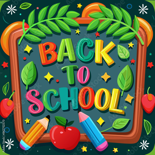 Colorful letters spell out BACK TO SCHOOL on a chalkboard surrounded by school supplies and leaves