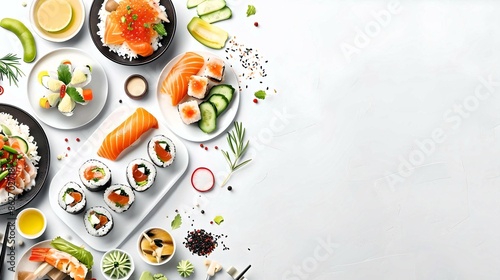 Assorted Sushi Platter on White Background 