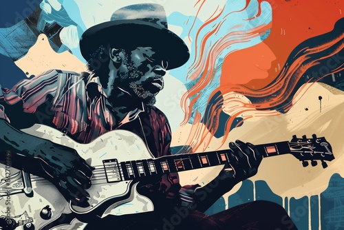 International Blues Music Day flat illustration  - diverse black musician playing at jam session in cozy venue, rhythm and vibe of the blues style
