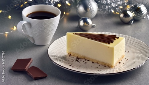 A piece of Slovenian Kremna Rezina, a vanilla cream slice, on an elegant porcelain plate. Served with a cup of coffee and a few chocolate shavings. photo