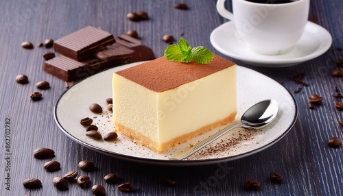 A piece of Slovenian Kremna Rezina, a vanilla cream slice, on an elegant porcelain plate. Served with a cup of coffee and a few chocolate shavings. photo