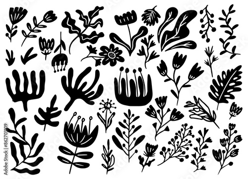 Hand Drawn Floral Doodle Vector Illustration, Flower Silhouette Clip Art