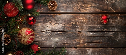Top-down view of Christmas ornaments on a wooden backdrop with copy space image.