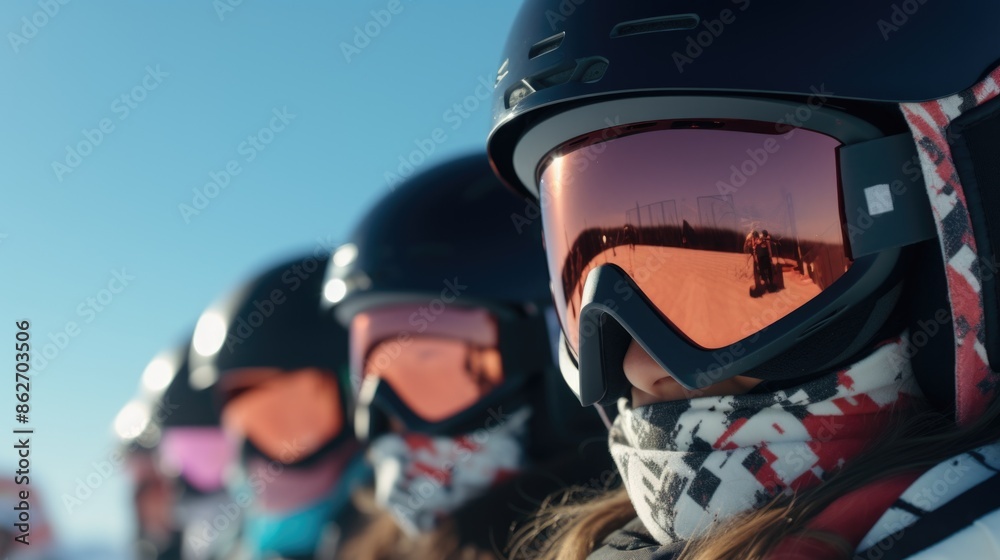 A group of skiers are lined up, all wearing goggles and helmets. Scene is one of camaraderie and excitement, as the group prepares to hit the slopes together