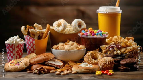 Tasty various fast food of junk food unhealthy on the table. AI generated