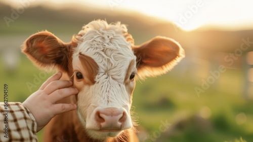 A baby gently strokes a calfs face in a sunlit field © Pavel Kachanau