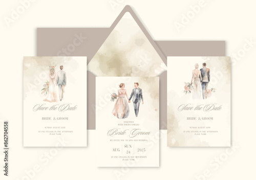 Luxury wedding invitation card background with watercolor newlyweds.