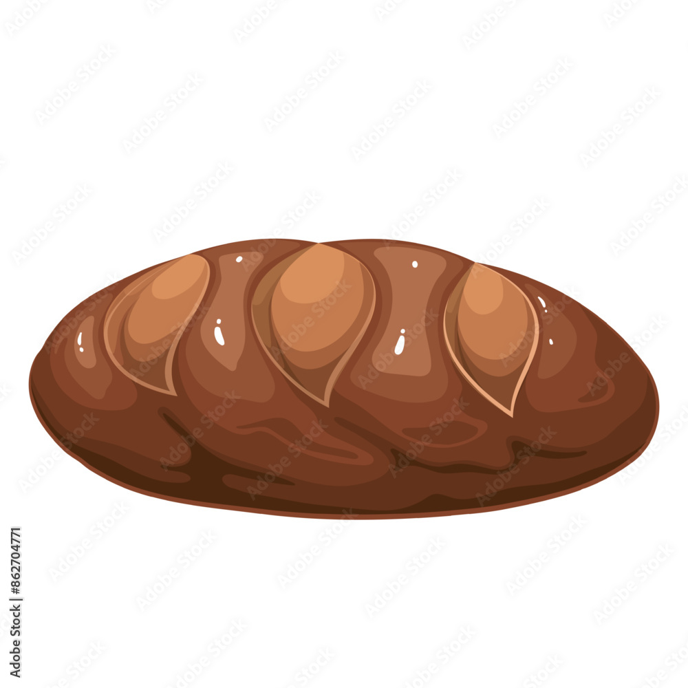 Rye bread, cartoon brown loaf with cuts at top. Fresh brown rustic oval bread, bakery products mascot. Cartoon gourmet cereal food snack, bread for breakfast, lunch and dinner vector illustration Rye bread, cartoon brown loaf with cuts at top. Fresh brown rustic oval bread, bakery products mascot. Cartoon gourmet cereal food snack, bread for breakfast, lunch and dinner vector illustration